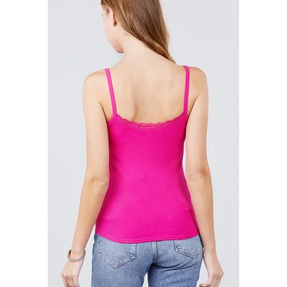 Lace Rib Cami Top in Hot Pink - Picture 2 of 6